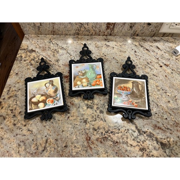 Tile and cast iron trivet set of 3 made in Japan - Picture 1 of 6